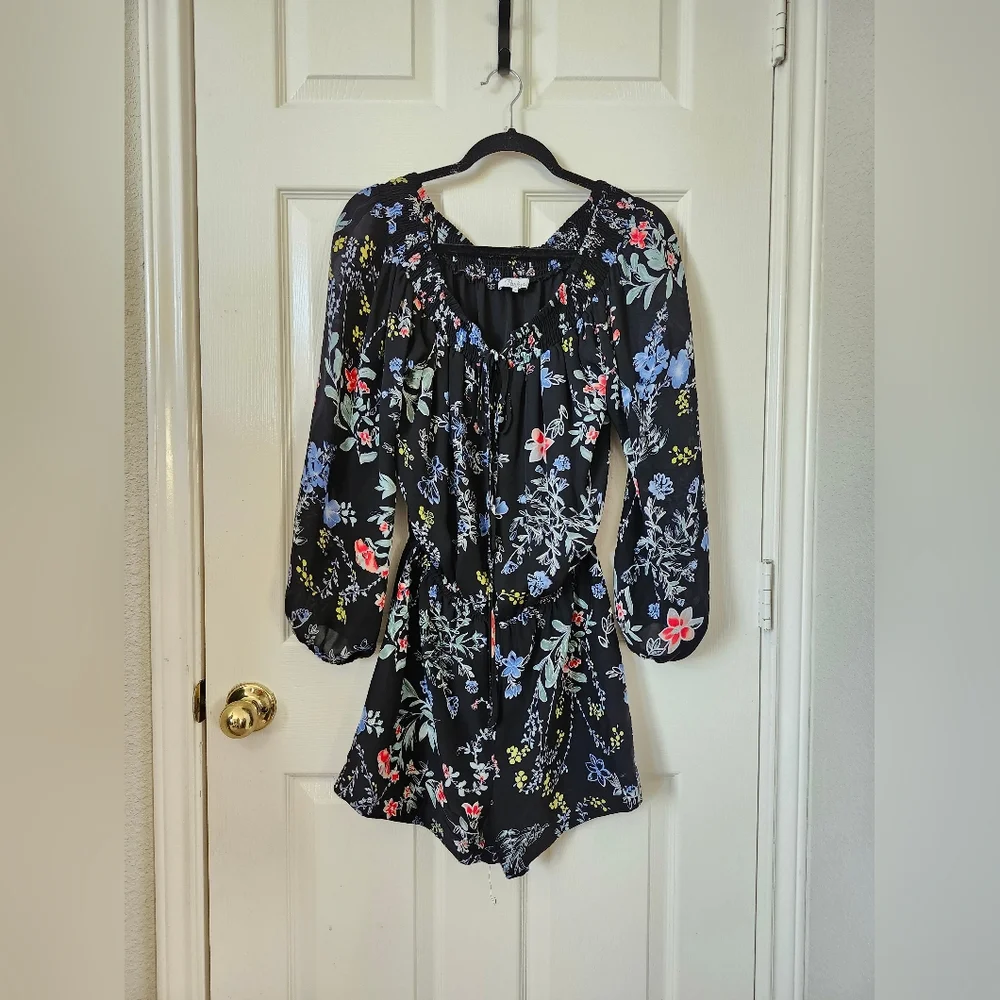 Parker Navy Blue Floral Long Sleeve Short Romper S